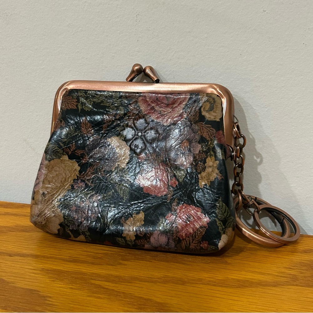 Patricia Nash Large Floral Leather Kiss Lock Coin Purse Keychain Brass Tone